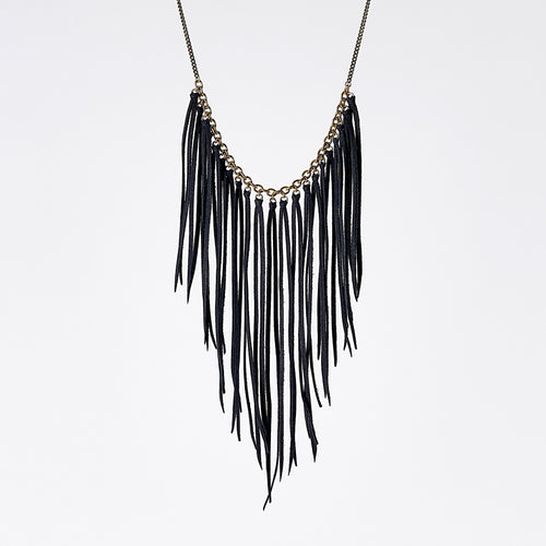 fringes leather black brass necklace #1